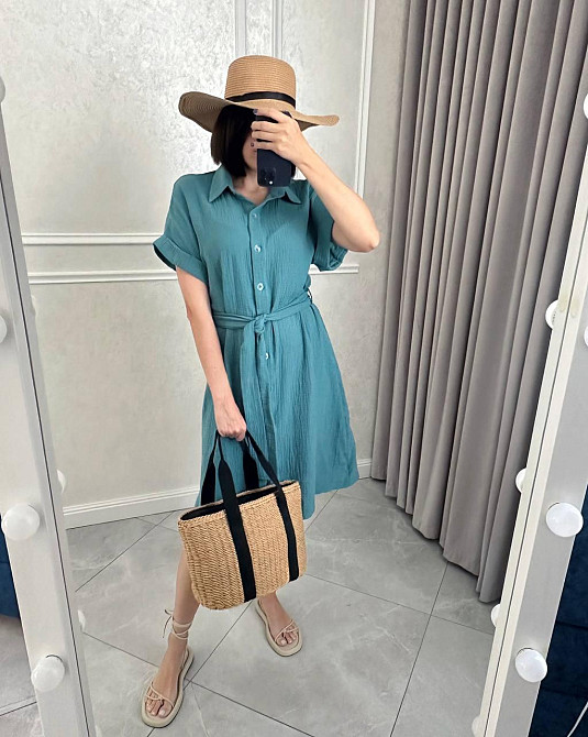 Жіноче легке базове плаття халат із поясом на ґудзиках турецька натуральна бавовна — муслін Оливка, 52/54 Одеса - фото 4