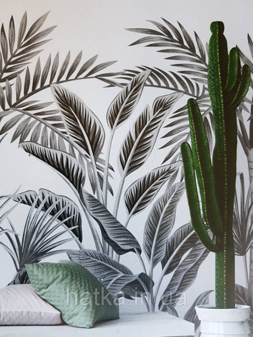 Шпалери вінілові Grandeco One roll one motif 2 A40801 панно рослини великий лист папороть манстера чорні Київ - фото 1