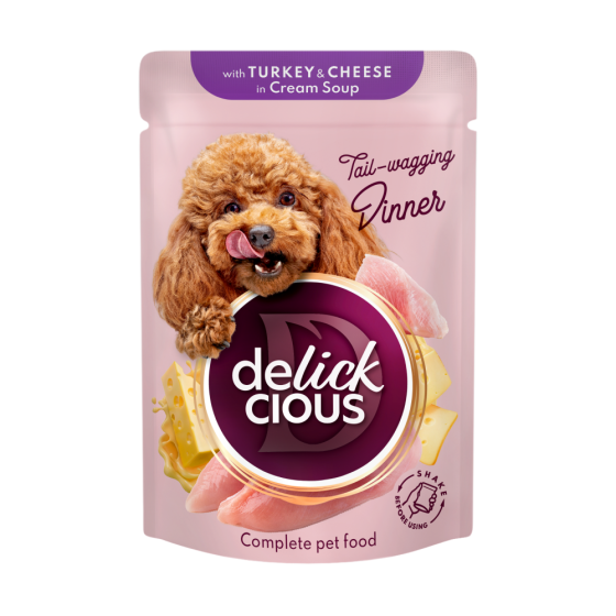 Вологий корм для дорослих собак Delickcious смужки з індичкою та сиром в крем-супі, 85 г Вінниця