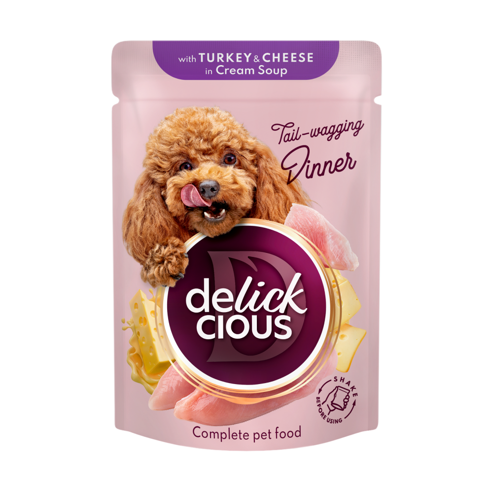 Вологий корм для дорослих собак Delickcious смужки з індичкою та сиром в крем-супі, 85 г Вінниця - фото 1