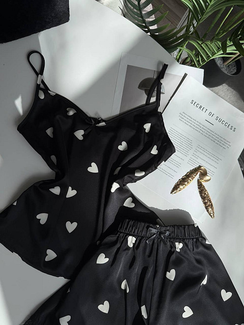 Жіноча базова повсякденна домашня шовкова піжама з мереживом Чорний, 44/46 Одеса - фото 9