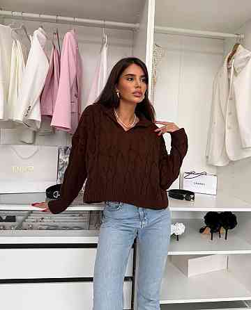 Женский теплый базовый свитер с воротником поло 50% коттон / 50% акрил Шоколад Одесса