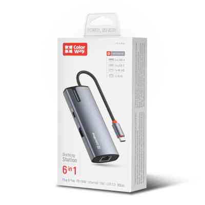 Порт-реплікатор ColorWay Docking Station USB-C 6-в-1 Type C PD 100W/USB3.0х3/HDMI 4К/RJ45 (CW-HUB02) Вінниця