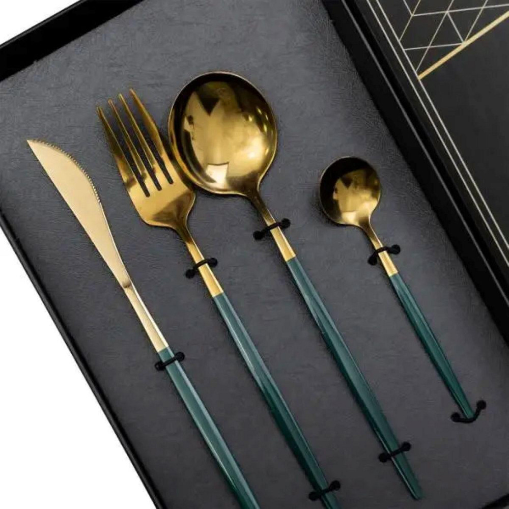 Столовый набор на 6 персон, 24 предмета, золотистый с зеленым Киев - изображение 4