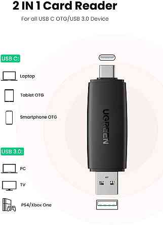Кардрідер 2- в-1 TF/SD Ugreen CM304 80191 USB & USB-C (Чорний) Николаев