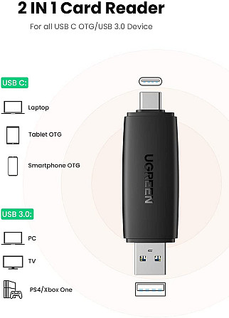 Кардрідер 2- в-1 TF/SD Ugreen CM304 80191 USB & USB-C (Чорний) Миколаїв - фото 6