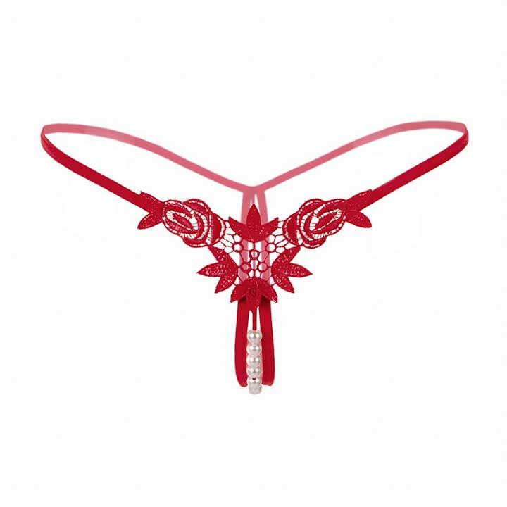 Стринги с бусинками и цветами - Красный - S/M – Эротическое бельё Винница - изображение 1