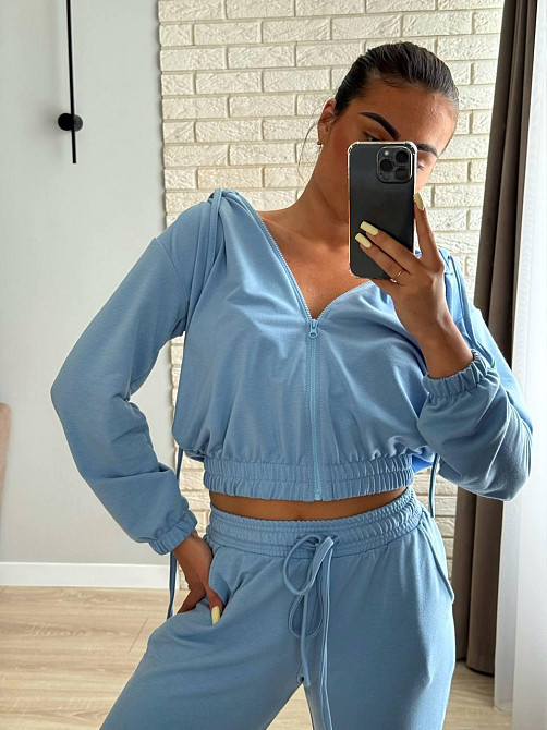 Женский повседневный прогулочный костюм тройка: кофта топ и штаны двунить 46/48, Голубой Одесса - изображение 4