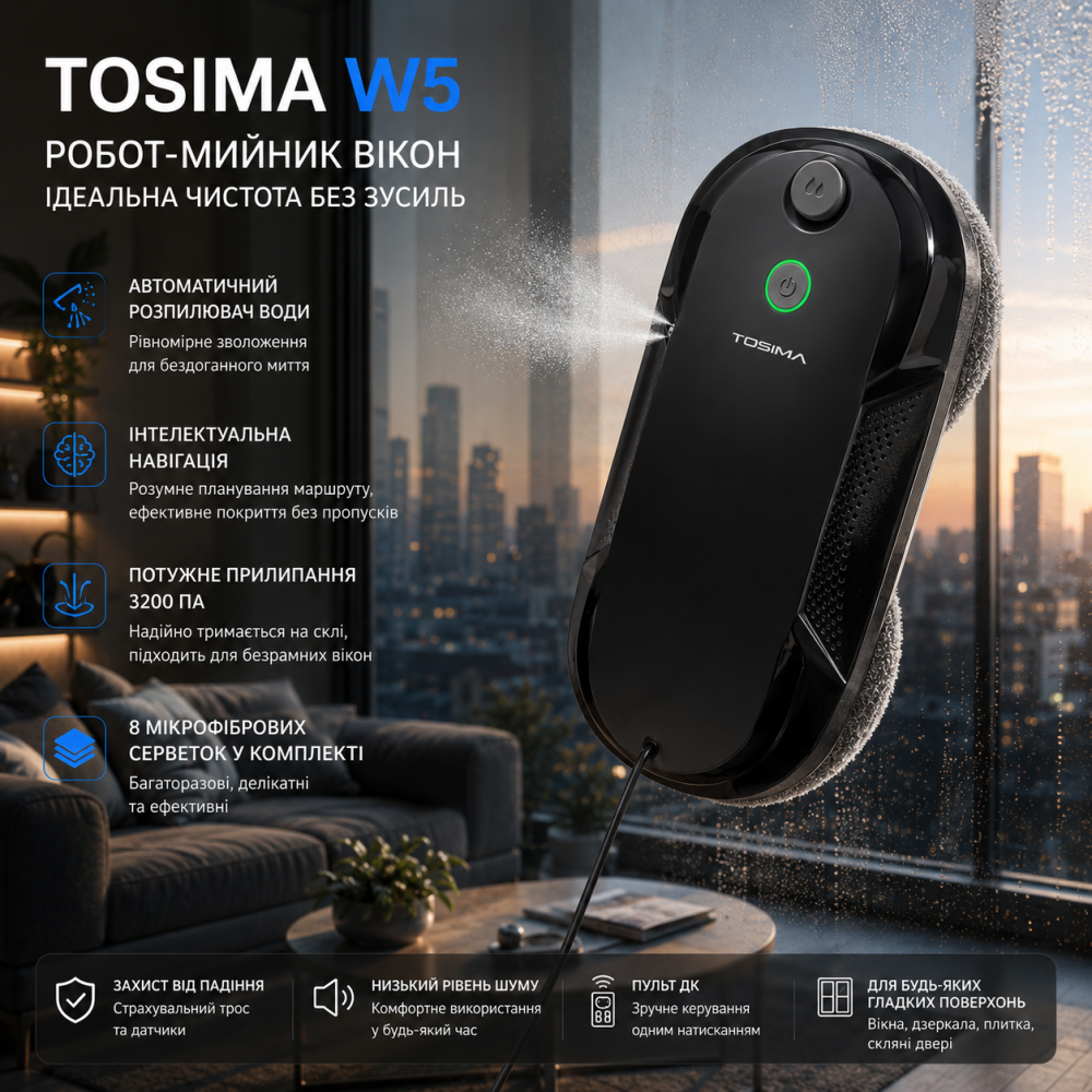 Робот-мийник вікон Tosima W5: автоматичний розпилювач, інтелектуальна навігація, 3200 Па, 8 серветок, колір Black Київ - фото 9