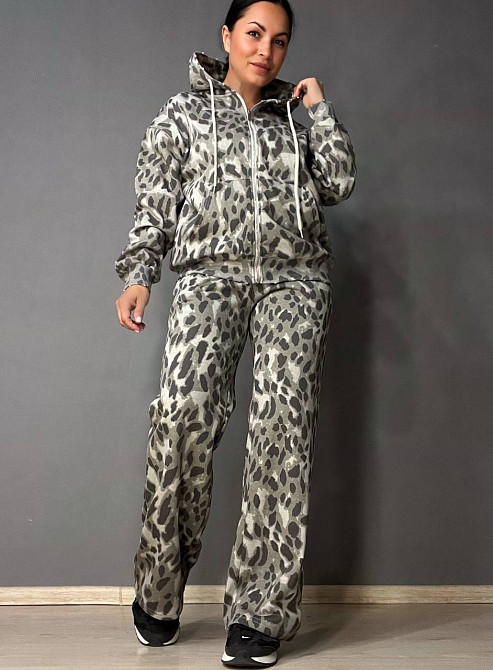 Костюм жіночий A-N 2749 леопардовий принт худі на блискавці з капюшоном і брюки палаццо сірий, сірий, M Київ - фото 11