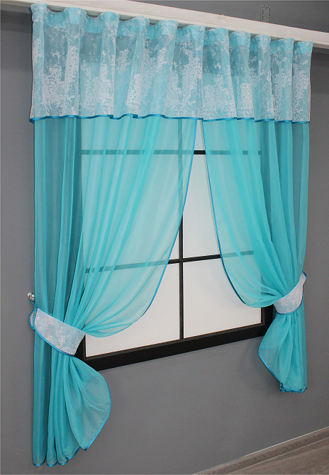 Кухонні штори VR-Textil № 084к з ламбрекеном і підв'язками лазурний з білим 280х170 см (52-0824) Київ - фото 2