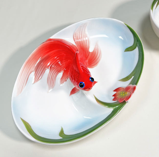 Менажница на 2 секции Золотая рыбка с лотосом 22,5 см китайский лепной костяной фарфор Кременчуг - изображение 1