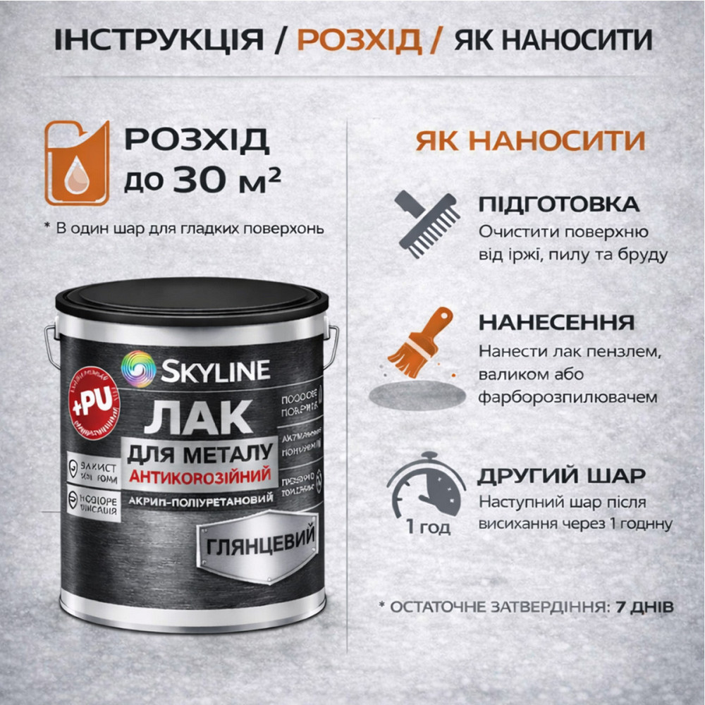 Лак для металу Skyline глянцевий прозорий акрил-поліуретановий антикорозійний без запаху 3 л Харків - фото 7