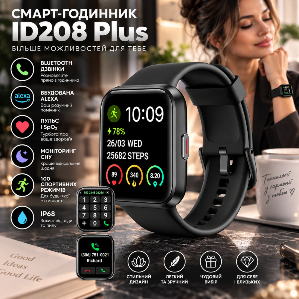 Розумний смарт-годинник ID208 Plus: 1.69" дисплей, Bluetooth-дзвінки, вбудована Alexa, моніторинг здоров’я та IP68 захист Київ - фото 11
