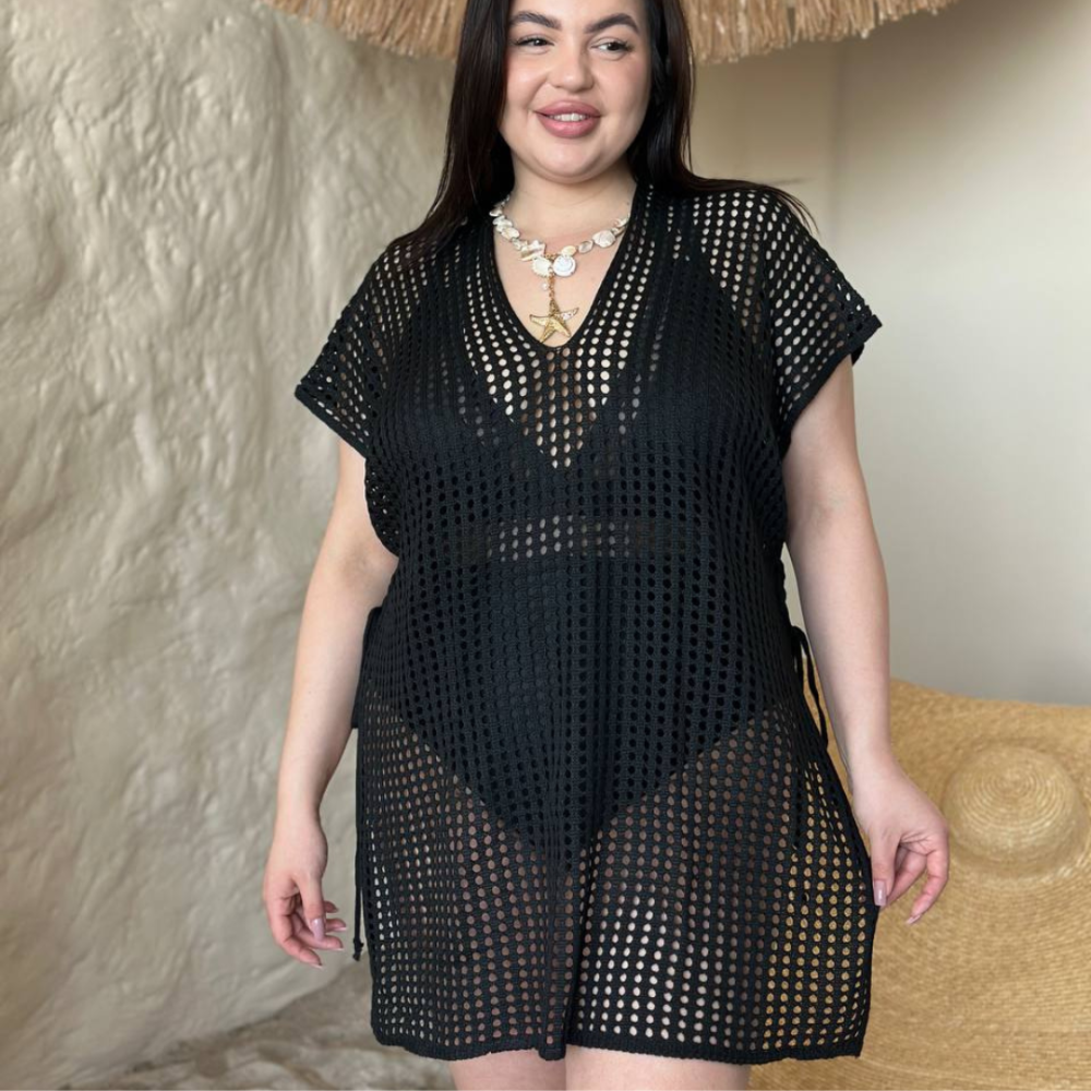 Пляжная туника женская большого размера накидка на купальник PLUS SIZE ажурная короткая свободного кроя черная Одесса - изображение 1