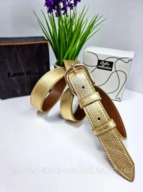 Стильний жіночий ремінь із натуральної шкіри золотистого кольору 35мм PS Leather Київ - фото 4
