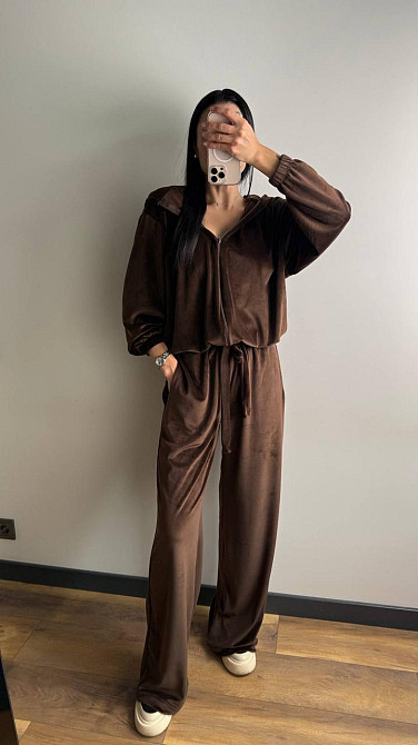 Жіночий стильний костюм-трійка: кофта топ і штани велюр плюш Шоколад, 42/44 Одеса - фото 8