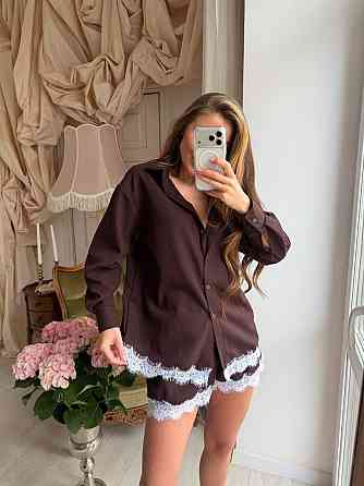 Женский стильный летний льняной костюм с кружевом Шоколад, 48/50 Одесса