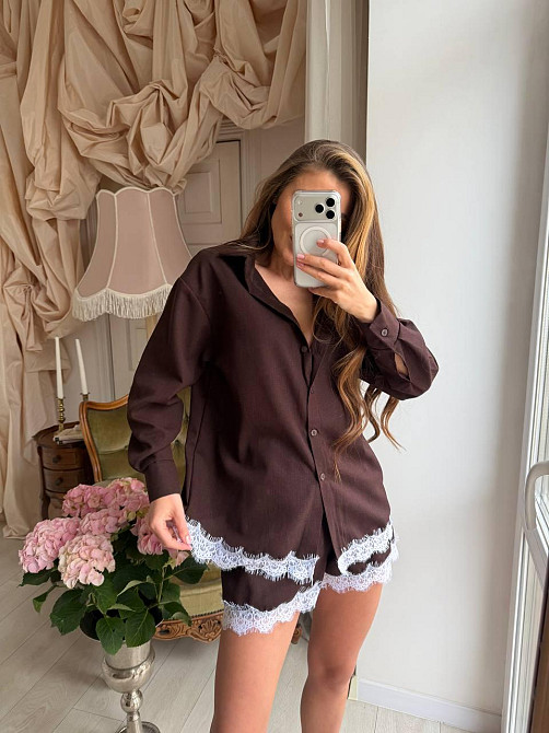 Женский стильный летний льняной костюм с кружевом Шоколад, 48/50 Одесса - изображение 1