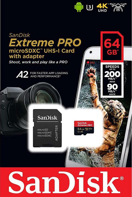 Карта памяти microSDXC (UHS-1 U3) SanDisk Extreme Pro A2 64Gb class 10 V30 (R200MB/s,W90MB/s) (adapter) Киев - изображение 2