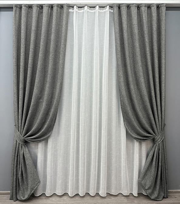Комплект штор VR-Textil Лен Мешковина 200х270 2шт и Тюль 600х270 108ш-115т Серый с белым 71-024/7 Киев - изображение 1