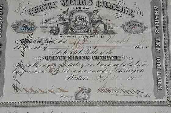 Акція. QUINCY MINING COMPANY . 1874 рік (41) 22*20 Полтава