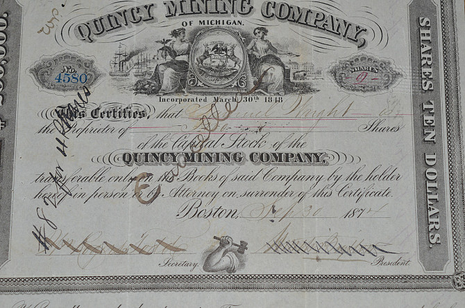 Акция. QUINCY MINING COMPANY . 1874 год (41) 22*20 Полтава - изображение 1