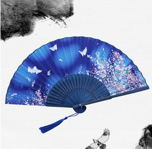 Веер ручной синий Сакура и бабочки Киев - изображение 1