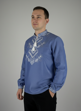 Синя чоловіча вишиванка із домотканого полотна Дерево життя Київ