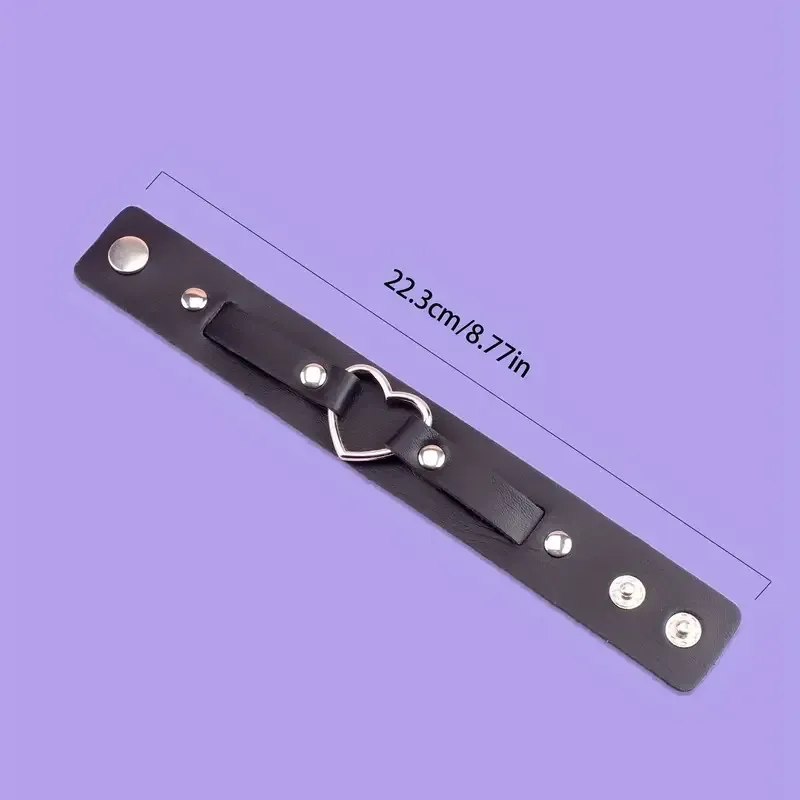 Широкий браслет из PU-кожи с металлическим сердцем – черный готический стиль Киев - изображение 5