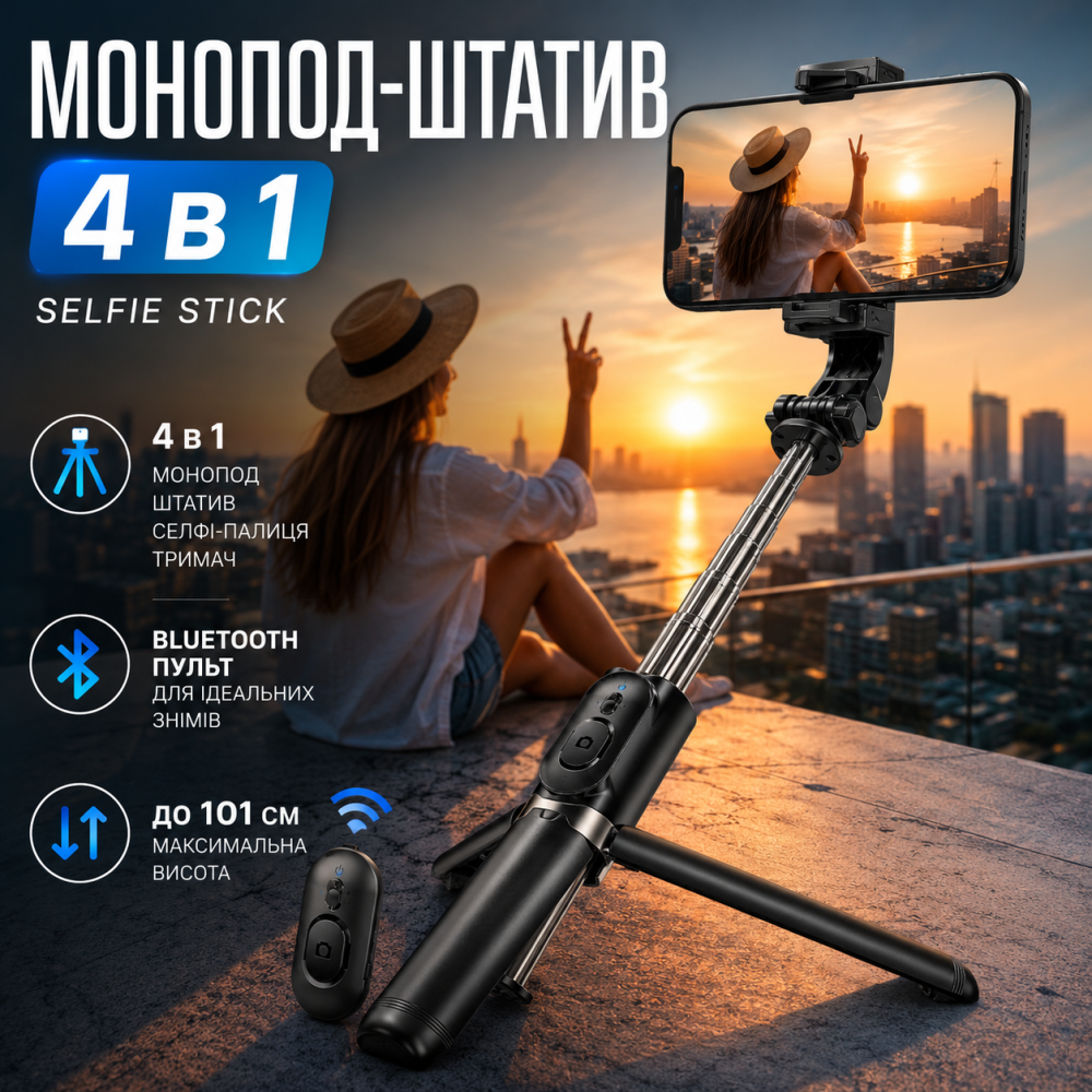 Універсальний монопод-штатив для селфі 4 в 1 Selfie Stick з Bluetooth-пультом, висувна селфі-палиця 101 см з нержавіючої сталі, чо Київ - фото 1