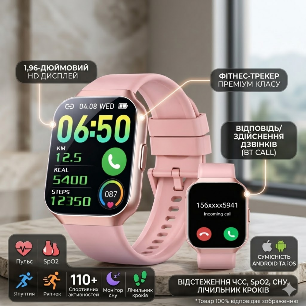 Смарт-годинник QCOQ 1.96" HD, Bluetooth дзвінки, пульс, SpO2, 110+ спортивних режимів, фітнес-трекер для Android та iOS Київ - фото 1