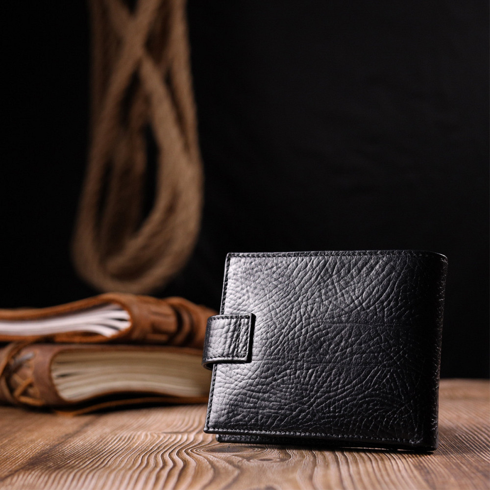Класичний чоловічий гаманець з хлястиком із натуральної шкіри KARYA 21077 Чорний Київ - фото 9