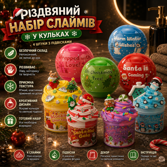 Набор рождественских слаймов в шариках 4 шт. с подвесками, сенсорные DIY-игрушки для детей 4–12 лет Киев