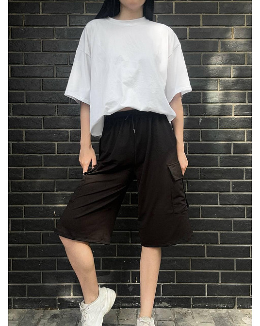 Жіночі повсякденні оверсайз шорти карго-бермуди двонитка Чорний Одеса - фото 6