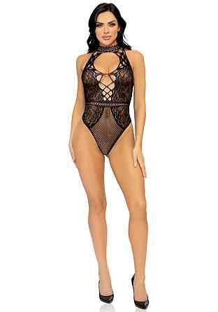 Leg Avenue Net and lace halter bodysuit OS Black Sex Aura Київ