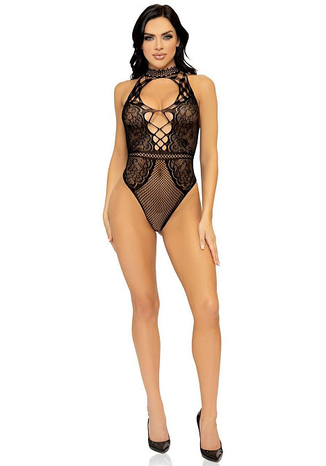 Leg Avenue Net and lace halter bodysuit OS Black Sex Aura Київ - фото 6