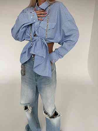 Женская стильная оверсайз рубашка с открытой спиной коттон Голубой Одесса