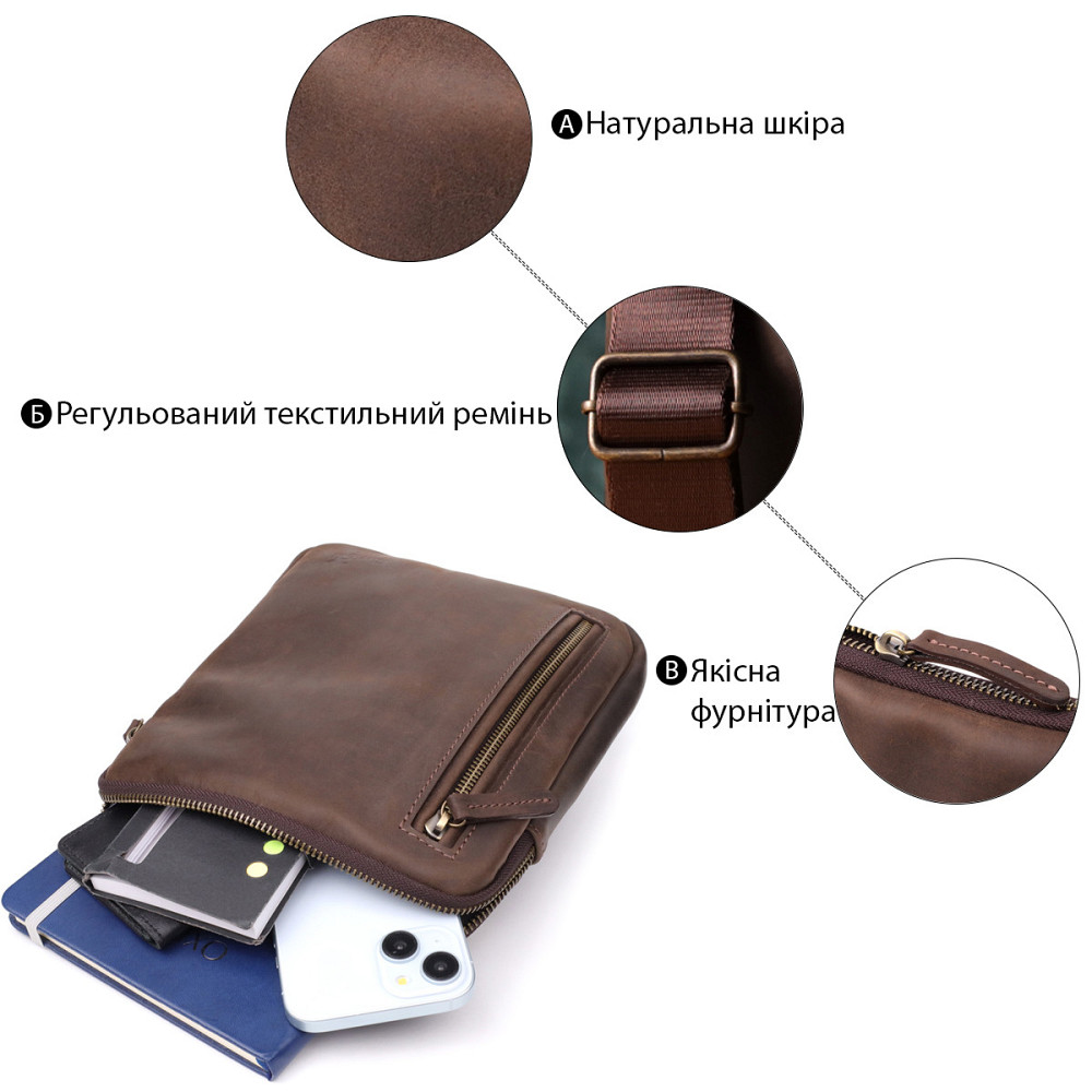 Практична сумка для чоловіків на плече з натуральної вінтажної шкіри Shvigel 23149 Коричневий Київ - фото 4