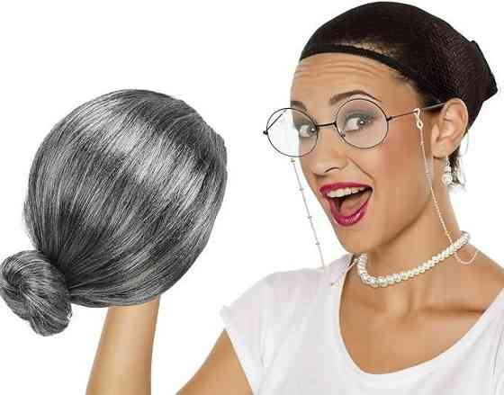 Парик седой бабушки с гулькой, комплект для образа старой леди с очками, бусами, серьгами для выступов косплея Киев
