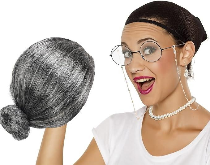 Парик седой бабушки с гулькой, комплект для образа старой леди с очками, бусами, серьгами для выступов косплея Киев - изображение 2