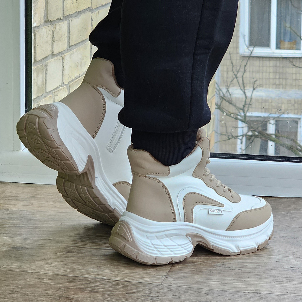 Зимові Білі жіночі Кросівки з МЕХОМ на Толстой Підошві Танкетке Ботинки Шкіряні Бежеві (розміри: 36,37,38,39,40) Дніпро - фото 8