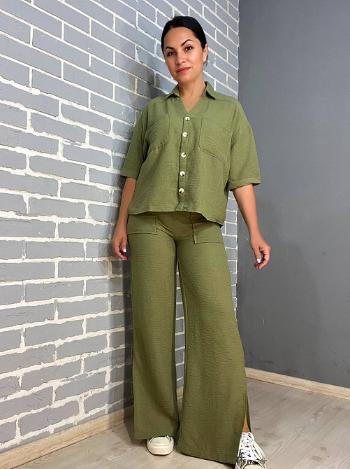 Костюм женский Mix Ray 4157 рубашка оверсайз брюки с разрезами по бокам ровные от бедра хаки, хаки, L Киев - изображение 1