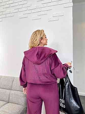 Жіночий теплий костюм-двійка: кофта та штани батал зі стразами велюр спорт на хутрі Марсала, 60/62 Одеса