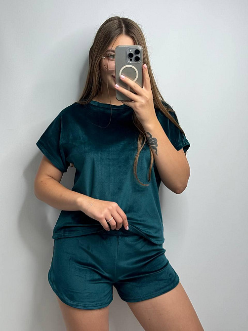 Пижама женская футболка + шорты из плюшевого велюра Зеленый XL Харьков - изображение 1