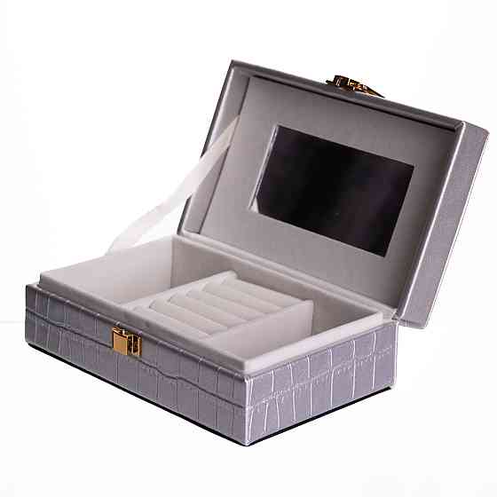 Скринька для прикрас з еко шкіри 3 відділення з дзеркалом 16×10×6 см Сірий HP-5-18G Київ