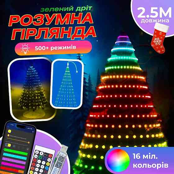 Розумна гірлянда Smart 250 LED довжина 2,5 м з керуванням зі смартфона зелена, мультиколор 1733043GR Коломия