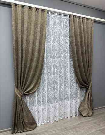 Комплект штор VR-Textil Жакард Fantasy 100х270 2шт і Тюль 400х270 1631ш-1783т Капучино з білим 71-047/2 Київ