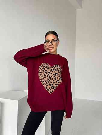 Жіночий стильний светр оверсайз із серцем Бургунді Одеса