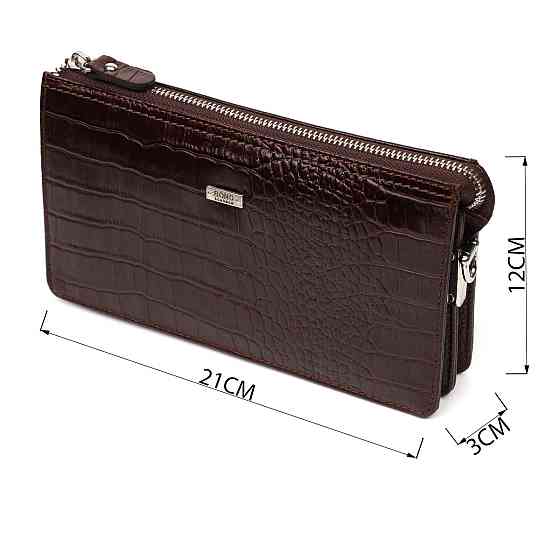 Вместительный мужской клатч на два отделения из натуральной кожи с тиснением под крокодила BOND 22046 Коричневый Киев